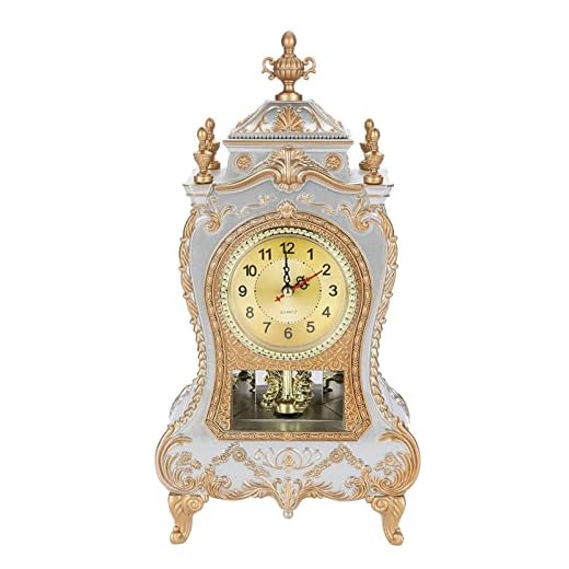 Qiilu Tall Gold Mantel Clock Antique Table Clock, Vintage Plastic Table Clock Antique Home Hotel
