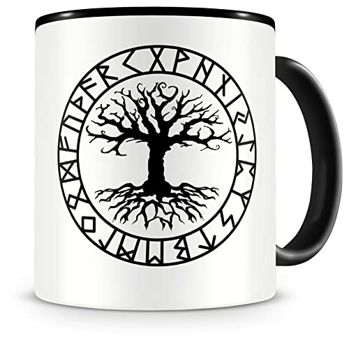 Samunshi® Yggdrasil con runas 1 taza, taza de café, taza de té vikingo Alemania (300 ml, Yggdrasil con runas 1 300 ml), color negro