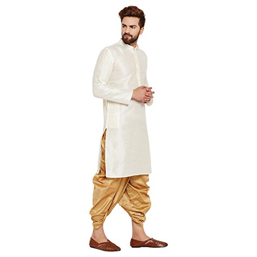 Image of SOJANYA (Since 1958 Men's Off-White and Gold Dupion Silk Dhoti Kurta Set