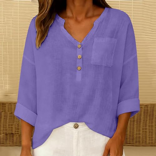Camisas de algodón y lino para mujer blusa holgada transpirable casual 3