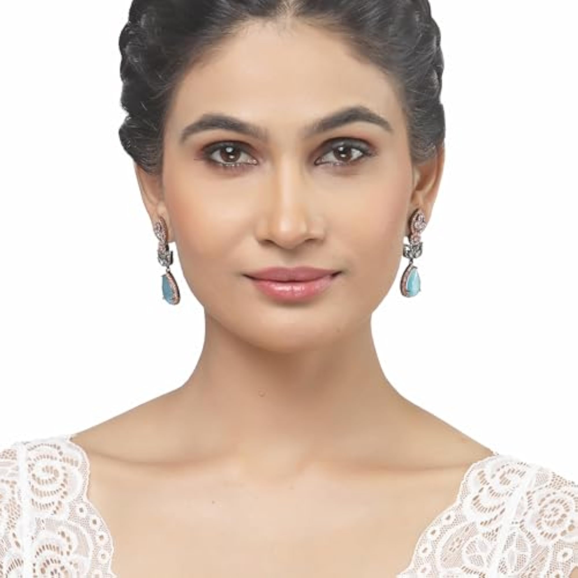 Women's Rose Gold & Oxidised Silver Dual Tone Leaf Teardrop Dangler Earrings