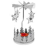 Teelichthalter rotierend Teelicht-Karussell Weihnachten Kerzenhalter aus Metall, rotierender Teelichtleuchter Mini-Pyramide 13.5cm (Silber - Tannenkranz & Stern)