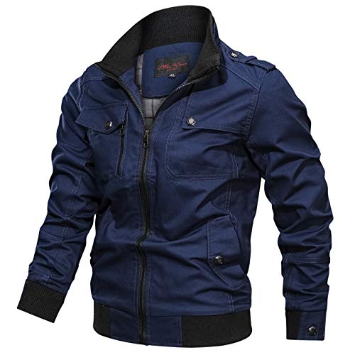 LSSM Winter LäSsig Einfarbig Jacke ReißVerschluss Tasche Stehkragen Jacke Herren DüNne Baumwolle Top Portjacke Trekkingjacke Atmungsaktiv Kapuze Freizeit Outdoor Lederjacke Blau XL Cover