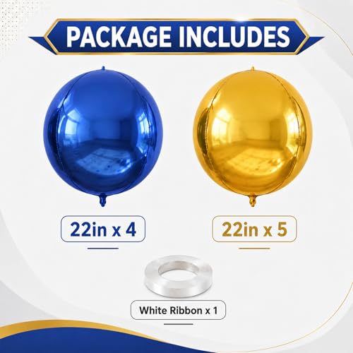 Image of 9 Pcs Blue Gold Round Foil Balloons Dark Navy Blue Metallic Gold Chrome 4D Ball Balloons 22 In Orbz Mylar Balloon for Graduation Grad Birthday Wedding Anniversary Disco Party Decorations