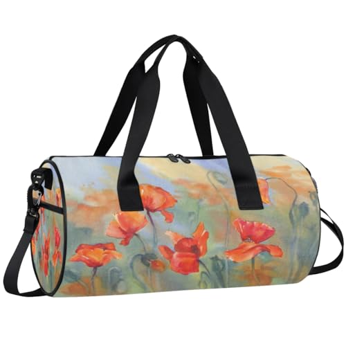 Poppies Watercolor Travel Gym Bag Waterproof Sport Dance Bag for Women Men Portable Gymnastics Duffel Bags Canvas Tote Carry on Handbag for Workout Overnight Weekender