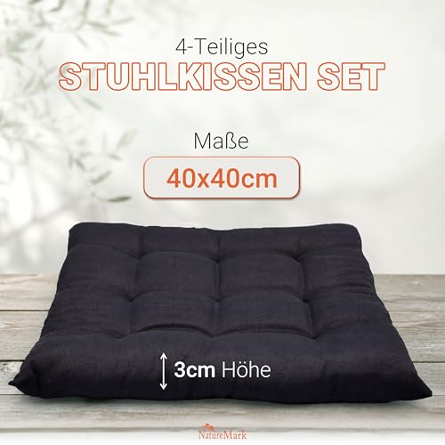 NatureMark 4er Set Stuhlkissen mit Bändern 40x40 cm – Gefüllte Sitzkissen, Outdoor & Indoor – Schwarz – Ansicht 2