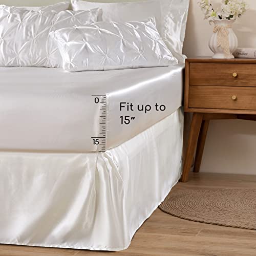 MR&HM Satin Comforter California King 7 Pieces Ivory - Luxurious Pinch Pleat Bedding Set with Comforter, Flat Sheet, Fitted Sheet, Pillowcases & Shams, Super Silky Soft Bed Set for All Season