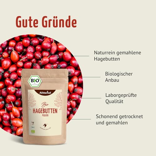 Hagebuttenpulver Bio 1000g | ganze Hagebutte gemahlen | fruchtiges, süß-würziges Aroma | 100% Bio Hagebutten Pulver in Rohkostqualität | vom Achterhof