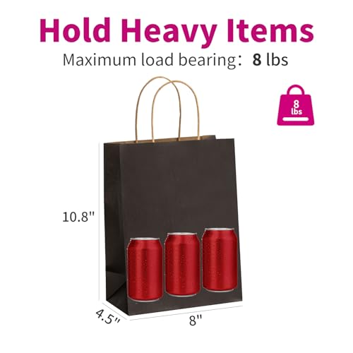 Image of Black Kraft Paper Bags 100 Pack 8x4.5x10.8 in with Handles | Recycled Kraft Paper, Reinforced Handles, for Boutique, Wedding, Retail, Small Business, Gift Giving, Eco-Friendly