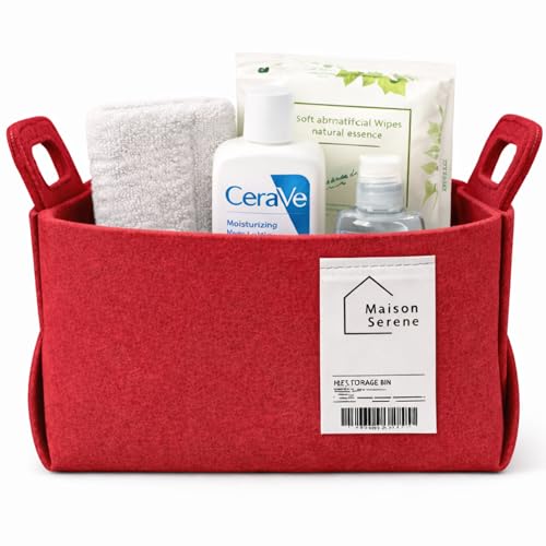 Maison Serene Collapsible Felt RED Storage Basket with Handles Foldable Fabric Bin Organizer for Shelves Closet Toy Storage & Nursery SMALL