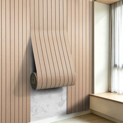 Image of 3D Peel and Stick Wall Panels PVC Grille Slat 394 inchx15.8 inch Self-Adhesive Wall Sticker Soundproof Paneling for Walls and Ceiling in Faux Oak Wood Grain Texture