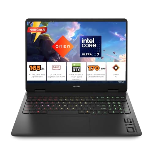 HP Omen 16, Intel Core Ultra 7 255H, 8GB RTX 5050, 24GB DDR5(Upgradeable) 1TB SSD, 2K IPS 165Hz 400 nits, 3ms RT, 16''/40.6cm, Win11, Office24, Black,