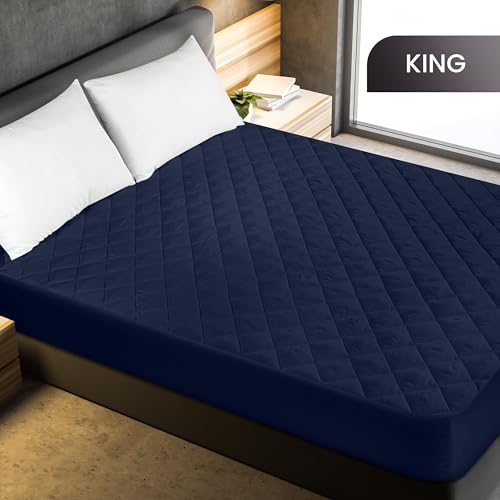 Utopia Bedding Quilted Fitted Mattress Pad, King Size, Elastic Fitted Mattress Topper Protector and Cover Stretches up to 16 Inches Deep, Machine Washable (Navy)