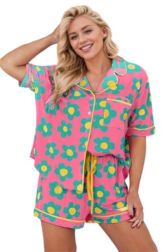 Image of KevaMolly Women Floral Notch Collar 2 Piece Holiday PJ Set | Print Short Sleeve Top, Drawstring Soft Vacation Sleep Shorts