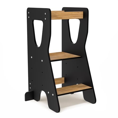 COSYLAND Tour d Observation Montessori Réglable en Hauteur pour Enfants de 18 Mois à 6 Ans, Chaise d Apprentissage en Bois Sécurisée, Design en Forme de R Stable et Moderne, Noir/Naturel