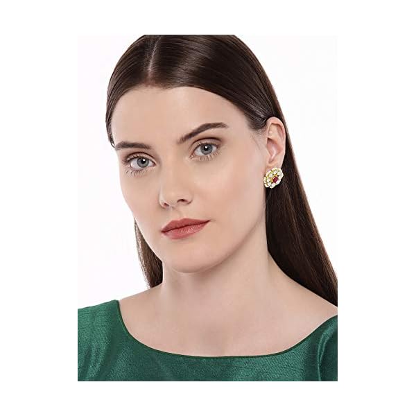 ACCESSHER jewellery Floral Gold Plated Medium Size Jadau/Pachi Kundan Post and Back closure Studs earrings for Women and girls pair of 1 - Image 4