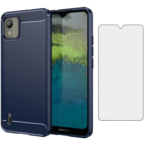 Asuwish Phone Case for Nokia C110 with Tempered Glass Screen Protector Cover and Cell Accessories Slim TPU Rubber Soft Silicone Hybrid Protective C 110 4G N156DL Women Men Carbon Fiber Blue