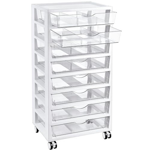 Vtopmart 8 Tier Rolling Cart with Drawers Clear Plastic Drawers with Removable Dividers for Art &Office Supplies Beauty Products Toy Under Desk Storage for Craft Room Classroom