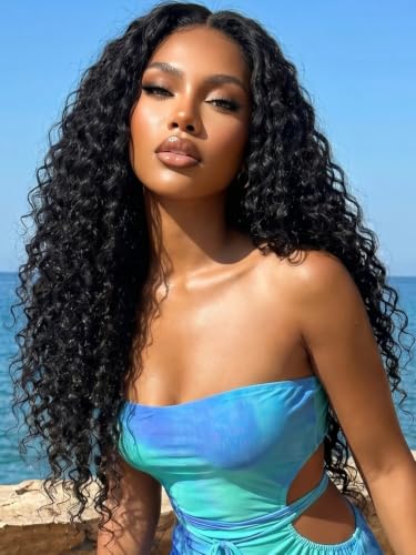 Image of KLAIYI Pre Everything 13x4 Glueless Lace Front Wig Human Hair Water Wave Bye Bye Knots Put On and Go Wig Pre Cut Lace Pre Bleached Pre Plucked 30S Easy To Wear Beginner Curly Wig with Baby Hair 26Inch