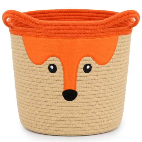 Image of Cute Fox Basket for Nursery, Large Blanket Gift Basket,14 inchDx11 inchH | Woven Rope Cotton Storage Baby Laundry 0rganizer with Animal Ears Handles,Towels Toy Clothes Gifts Storage Fox Lover Bin