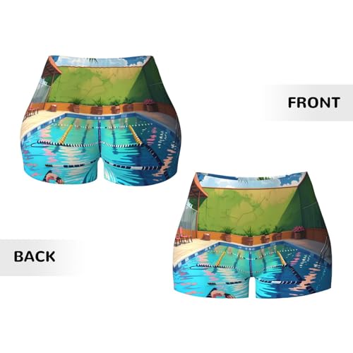 Flamingo and Swimming Pool Pattern Sports Shorts, high Elastic Slim Fitness Pants, Suitable for Yoga/Leisure/Daily wear3