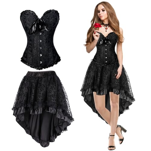 Aragallant Corset y Falda Steampunk, Conjunto Negro Medieval Elegante, Corset Mujer para Vestir Gótico, Bustier para Halloween y Fiestas Temáticas