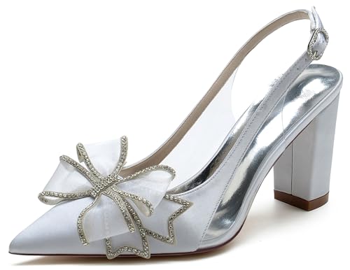 Minishion Block Heel Bridal Shoes for Women Wedding Formal Slingback Pumps with Bows BR023