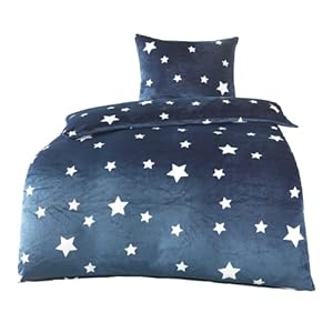 BaSaTex Winter Plüsch Bettwäsche Set Sterne Nicky-Teddy Cashmere-Touch | 135×200 155×220 + 80×80 Kissenbezug | Größe: 135×200 | Farbe: Blau