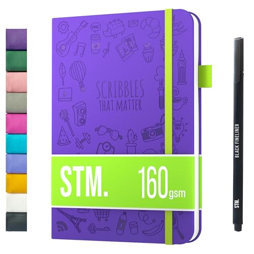 A5 Bullet Dotted Journal Notebook by STM | Thick Bleedproof 160gsm Paper, 150 Pages | Lay Flat Vegan Leather Hardcover | 2 Bookmarks, Printed Page numbers | Black Pen | 5.75 x 8.5 in | Purple