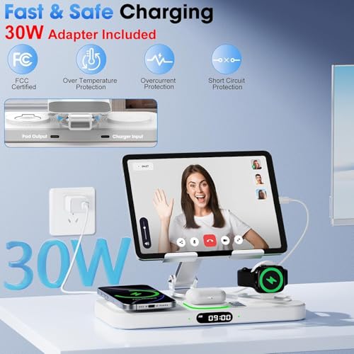 Image of Wireless Charger for Apple Multiple Devices, Charging Station with Clock &7 Color Ambient Light, Foldable Rotate Stand for iPad, for iPhone16 /15 /14, for Apple Watch10 /9 AirPods4 (Adapter Not Included)