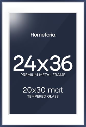 Image of Homeforia 24x36 Navy Blue Picture Frame, High End Metal 24x36 Large Poster Frames with Mat 20x30 inch Photo, 24 x 36 Thin Frame Matted to 20 x 30 Print, 36x24 Frame, Tempered Glass, Wall Kit, Set of 2