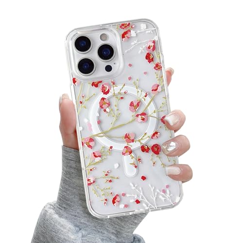 Coque iPhone 13 Pro Max MagSafe transparente fleur rouge antichoc fille