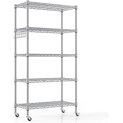 Estanteria Industrial Con Ruedas Himimi Estantería Metálica de 5 Niveles con Ruedas, Estante de Alambre de Metal Resistente con Gancho, Estantes Ajustables en Altura para Baño, Cocina, Garaje,Oficina(76lx35wx158h)-Plata