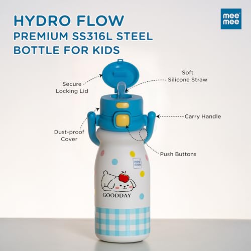 Image of Mee Mee Hydro Flow Kids Insulated Water Bottle 500ml | SS316L Stainless Steel | 24H Cold & 12H Warm | Leakproof Straw Sipper | BPA-Free School Bottle with Strap for Kids
