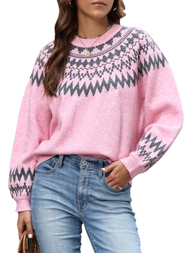 Womens Cashmere Fair Isle Sweaters Vintage Sweater Colorful Wool Crew Neck Long Sleeve Pullover Jumper Tops-Pink-M