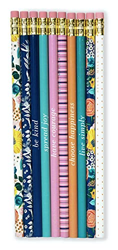 Cute Pencils, Kids Pencils with Erasers, Set of 10 Wooden Pencils #2, Pencils for School & Office Supplies, Pretty Pencil Pack Includes Floral Prints & Affirmations, Garden Blooms by Steel Mill & Co