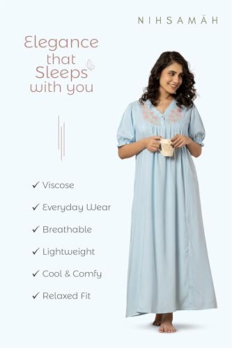 Image of NIHSAMAH Viscose Nighty for Women, Embroidered & Printed Stylish Night Gown, Long Sleeve Comfortable Sleepwear Long Nightwear, Maxi