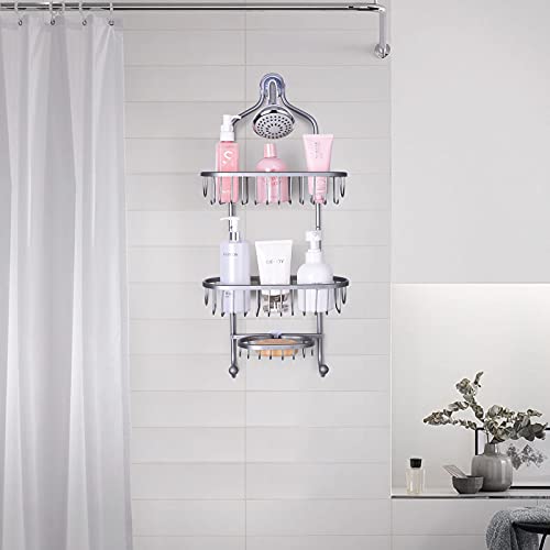 Lycklig Rust-Proof Shower Caddy Over Shower Head Aluminum Shower Caddy, Hanging Shower Caddy With Extra Basket For Soap And 2 Hooks For Bath Loofah, Gray #TOP4