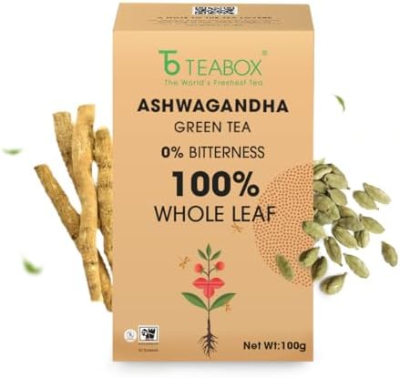 Teabox Loose Leaves Organic Ashwagandha Green Tea 100 Grams | Ayurvedic Blend Of Premium Green Tea & Natural Ashwagandha | Boosts Immunity & Improves Memory