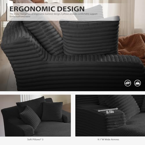Image of 67 Inch Oversized Chaise Lounge Chair Indoor, Corduroy Upholstered Boneless Sofa Bed, Deep Seat Sleeper Couch Reading Chairs, Cloud Sofas Couches for Living Room, No Assembly Required (Black)