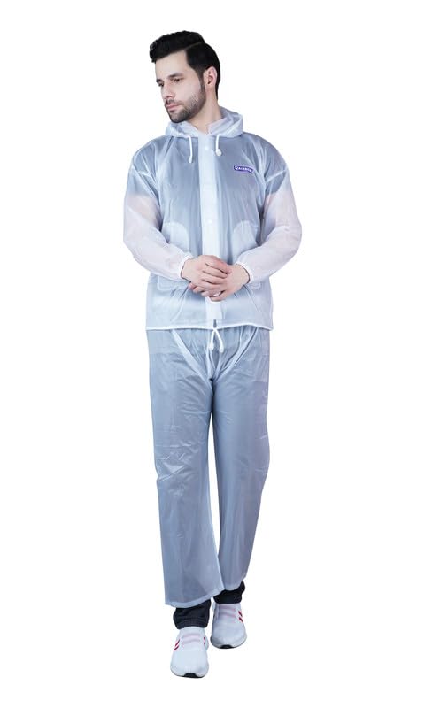 Men Raincoat Water Resistant Rain Coat with Adjustable Hood Drawstring Hem Set of Top & Bottom with Carrying Pouch (Transparent)-image-37