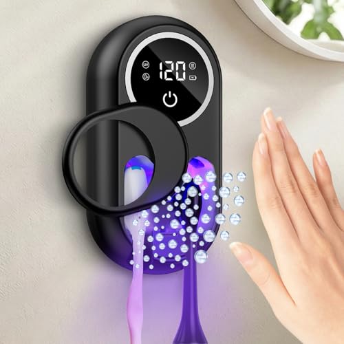 Temracha Toothbrush Sanitizer Holder Upgraded UV Toothbrush Holder with Dual-Mode Clean & Fan Dry LED Smart Screen Auto-Inductive Cover Toothbrush Wall Mounted Cleaner Organizer for Bathroom Trip