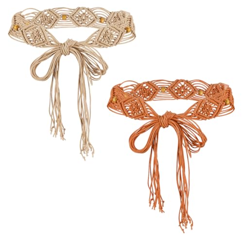 AHANDMAKER 2 Pcs Boho Braid Belts for Women Rope Braided Belts Fringe Belt Bohemian Woven Waist Belts for Dress, Khaki and Brown