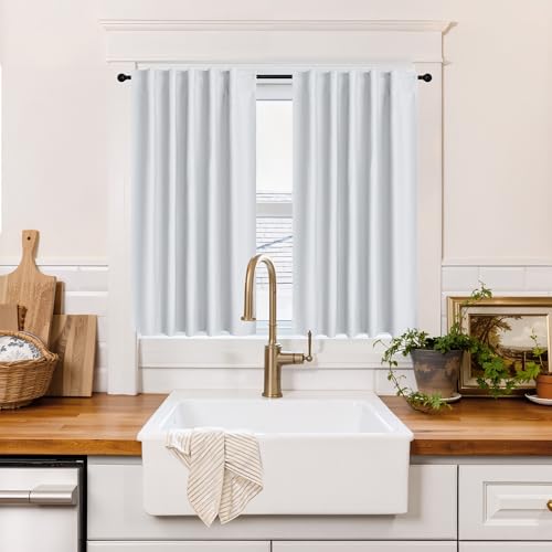 Image of RYB HOME 100% Blackout Basement Curtains Over Sink 36 inches Long, Heat & UV Blocking Total Room Darkening Noise Reducing Back Tab Curtains for Bathroom RV Campers, White, 2 Panels Set
