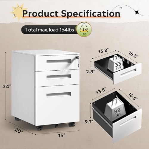 Image of DEVAISE 3 Drawer File Cabinet with Lock, Fully Assembled Except Casters