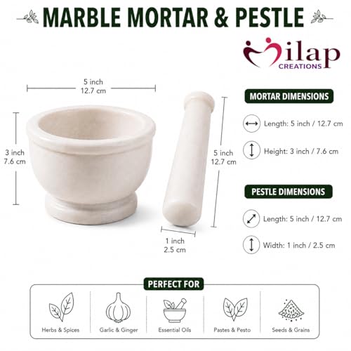 Image of White Marble Mortar and Pestle Set 5 Inch Natural Stone Spice Hand Grinder for Kitchen Herbs Masala Garlic Crusher Heavy Duty Khalbatta for Home Cooking