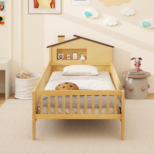 Giantex Twin Kids Bed Frame, Solid Wood Montessori Bed with Guardrails & House-Shaped Headboard, Built-in Storage Shelf, No Box Spring Needed, for Boys Girls, White - Image 3