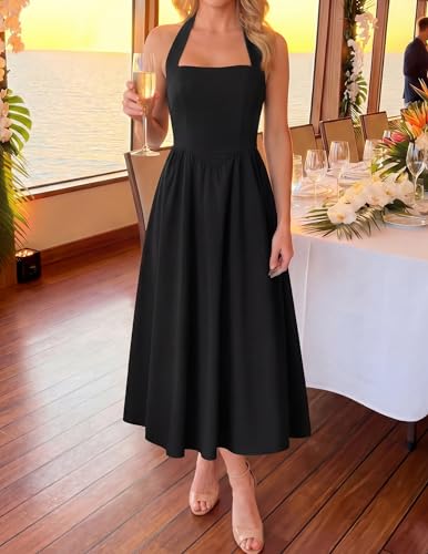 Image of ZESICA Women's Summer Sleeveless Halter Midi Dress 2026 Off Shoulder High Waist Flowy Formal Wedding Guest Long Dresses