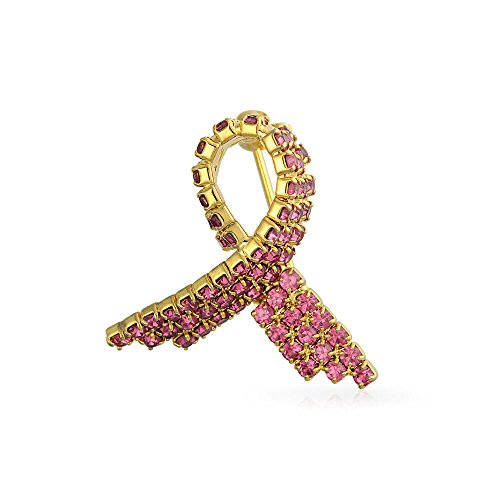 Bling Jewelry Small Pink Crystal Ribbon Breast Cancer Survivor Lapel Pin Brooch for Women 14K Gold Plated
