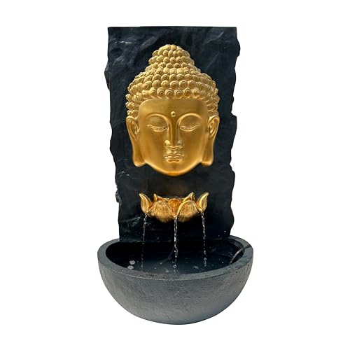 XBrand 30 in H Fiber Resin Wall Buddha Zen Outdoor Garden Water Fountain w/Warm LED Light, Gold